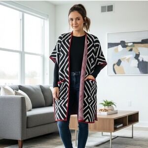 ZARA Knit Geometric Poncho Vest Black White Red Open Front Pockets Wool Blend M